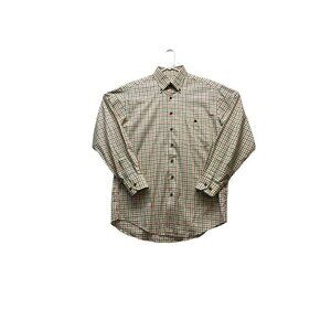 Scott Barber Mens Shirt Sz. M Tan Red Plaid Long Sleeve Button Collared Cotton
